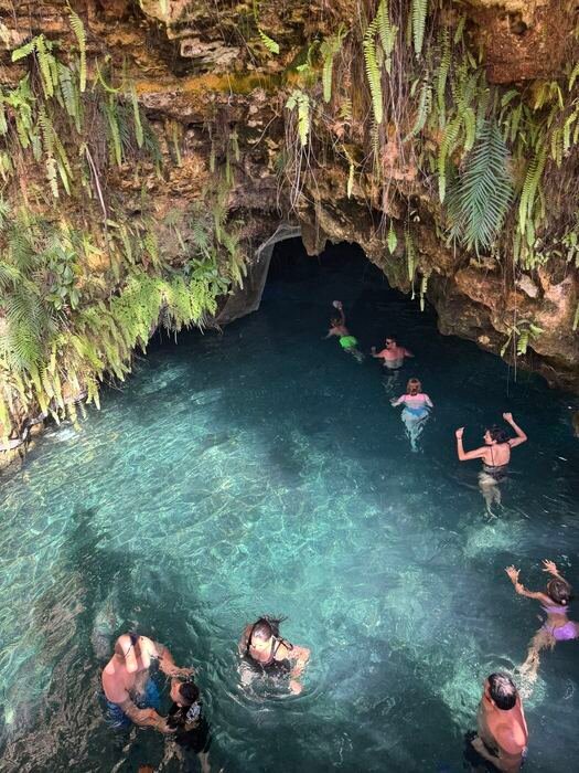 Travelers swimming in a hidden cenote